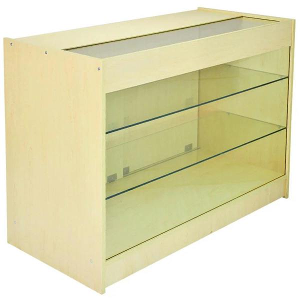 Pisces Maple Shop Counter features a light maple finish, glass display shelves, and a sleek, modern design ideal for retail environments