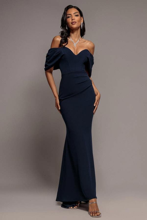 Off The Shoulder Draped Sleeve Maxi Dress - Navy Blue DR3259