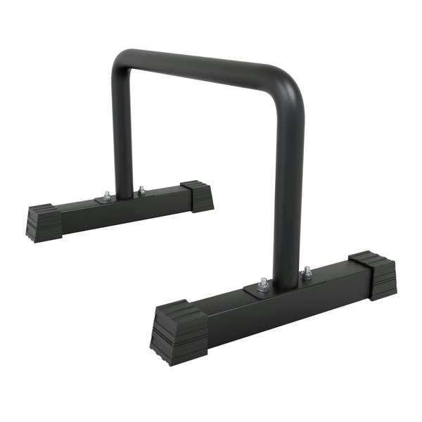 Large parallettes with a sturdy black metal frame, featuring rubberized feet for stability and grip during workouts