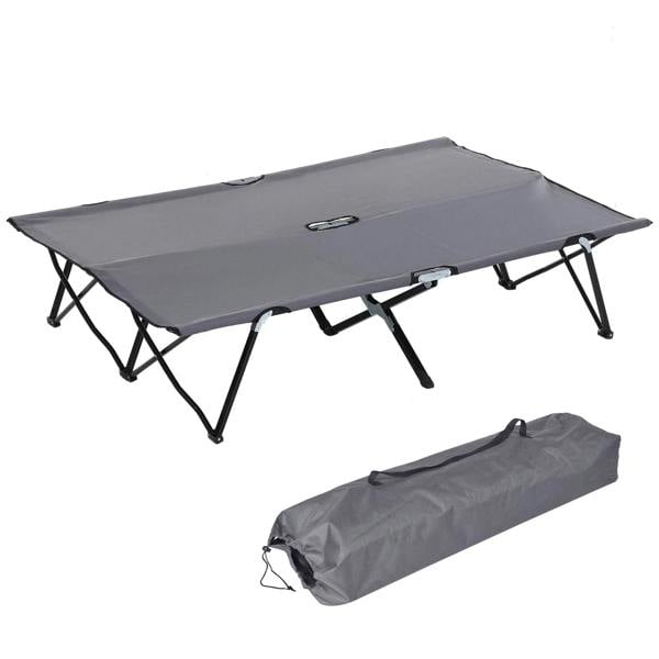 Grey double camping cot bed with black steel frame and flat fabric mattress