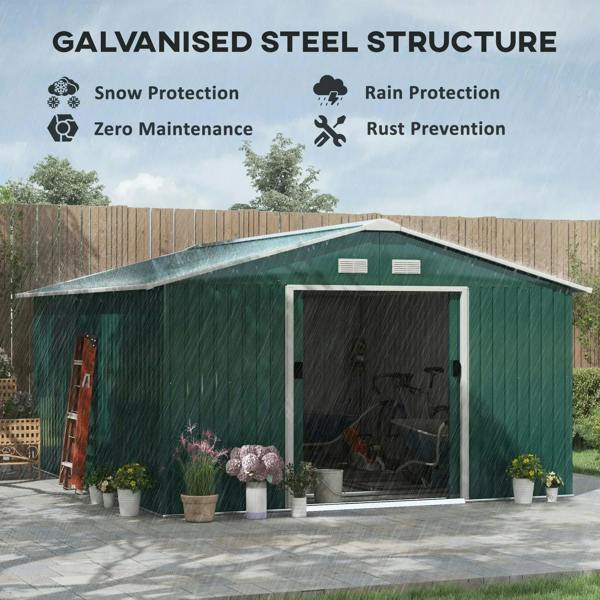 Green galvanized steel storage shed with large sliding door and side ventilation openings