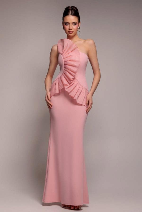 One Shoulder Pleated Fan Maxi Dress - Blush Pink DR4075