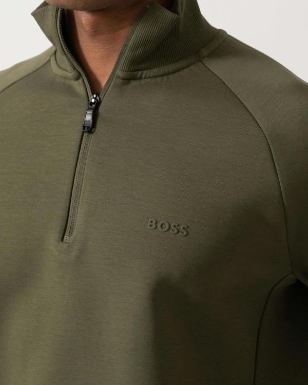 Logo and zip detail of BOSS Green Sweat Mens 1/4 Zip Sweatshirt 50565306 - Open Green 398