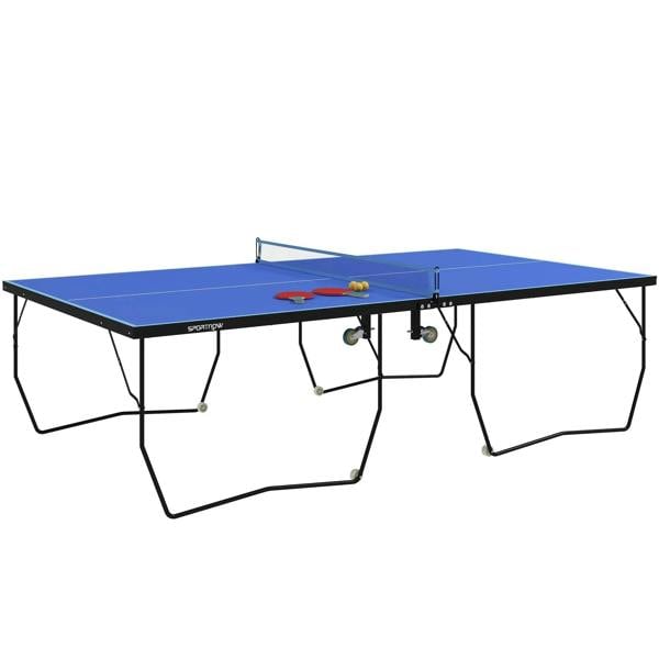 Blue folding tennis table with net, 8 caster wheels and score display