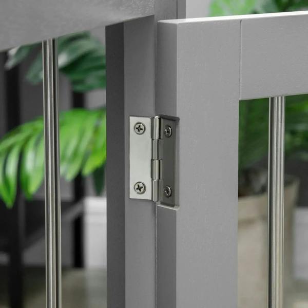 Grey dog crate end table door hinge and latch hardware close-up