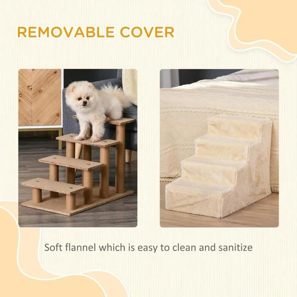 Beige pet stairs with plush removable cover shown on the steps and side panels