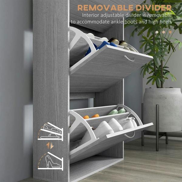 Interior view of grey flip drawer shoe cabinet with removable divider between compartments