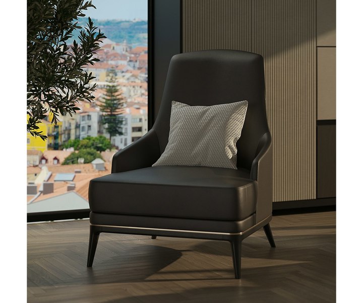 Statement piece Redd luxury armchair in modern design, featuring plush fabric and elegant brass details for contemporary spaces.