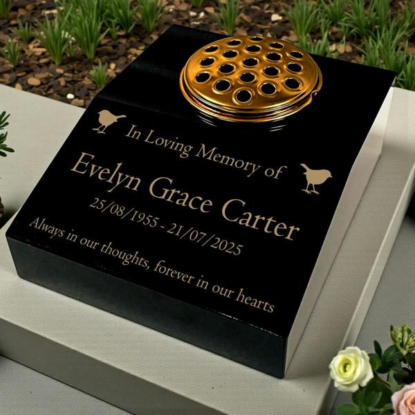 Memorials Direct Black Granite Sloping Memorial Desk with Vase – Robin Design, Free Gold Engraving