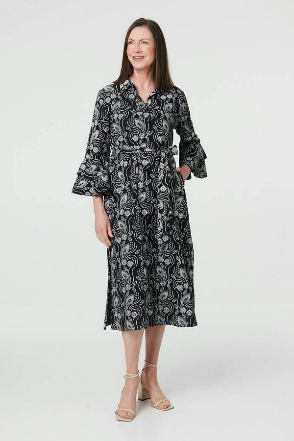 Black | Floral 3/4 Sleeve Tie Midi Shirt Dress