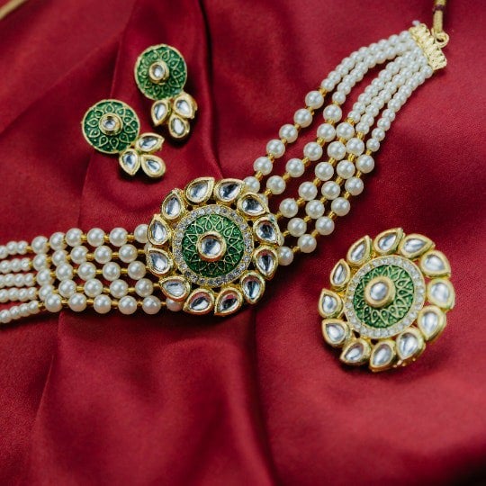 The Colourful Aura Three Layer White Pearl Green Stone Kundan Indian Asian Diana Bridal Choker Set