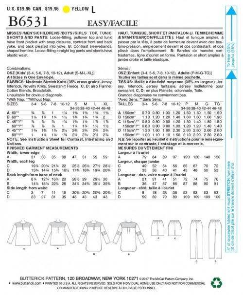 Butterick Sewing Pattern 6531, Pyjamas for Men, Women, Teenagers, Kids, Ages 3-8 Adult S-XL - Easy