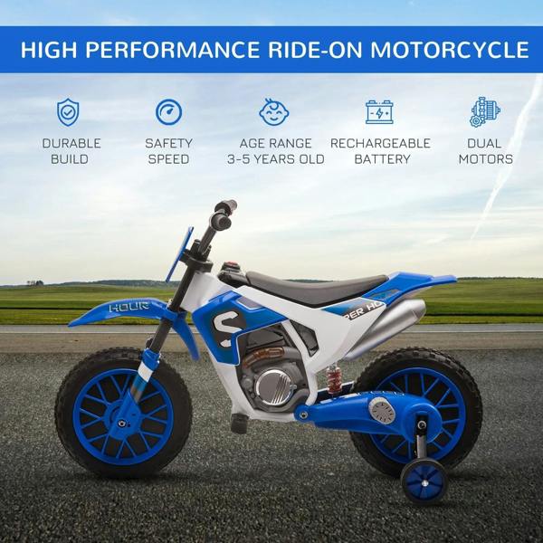 Blue and white kids electric ride-on motorcycle with training wheels on an outdoor road