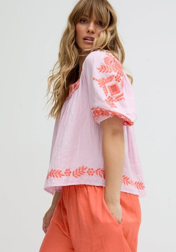 Clara Square Neck Embroidered Blouse In Pink