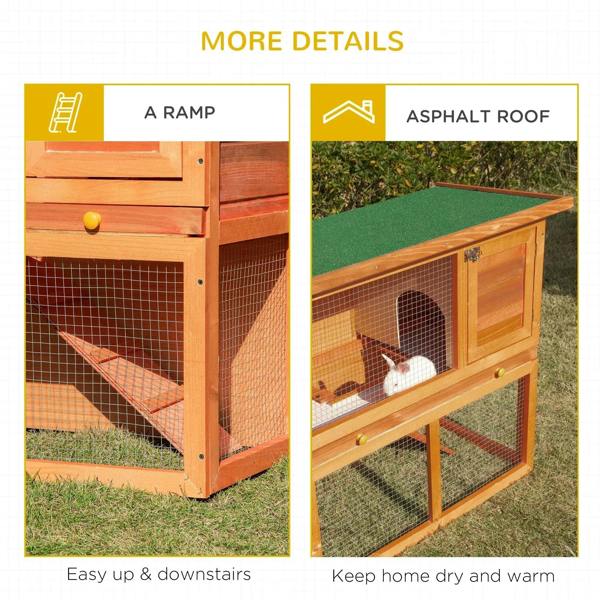 Two-tier wooden rabbit hutch with ramp and green roof panel over wire mesh