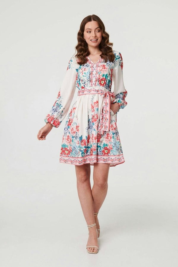 Red | Floral Tie Waist Long Sleeve Short Dress