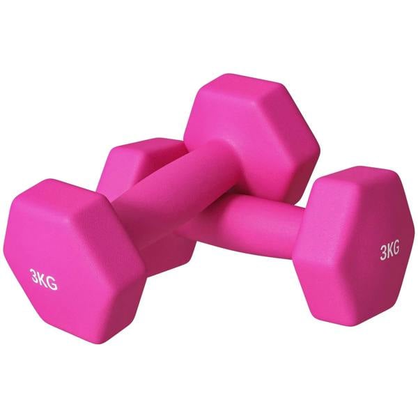 Pink hexagonal dumbbells set, 3 kg each, with textured non-slip grip handles