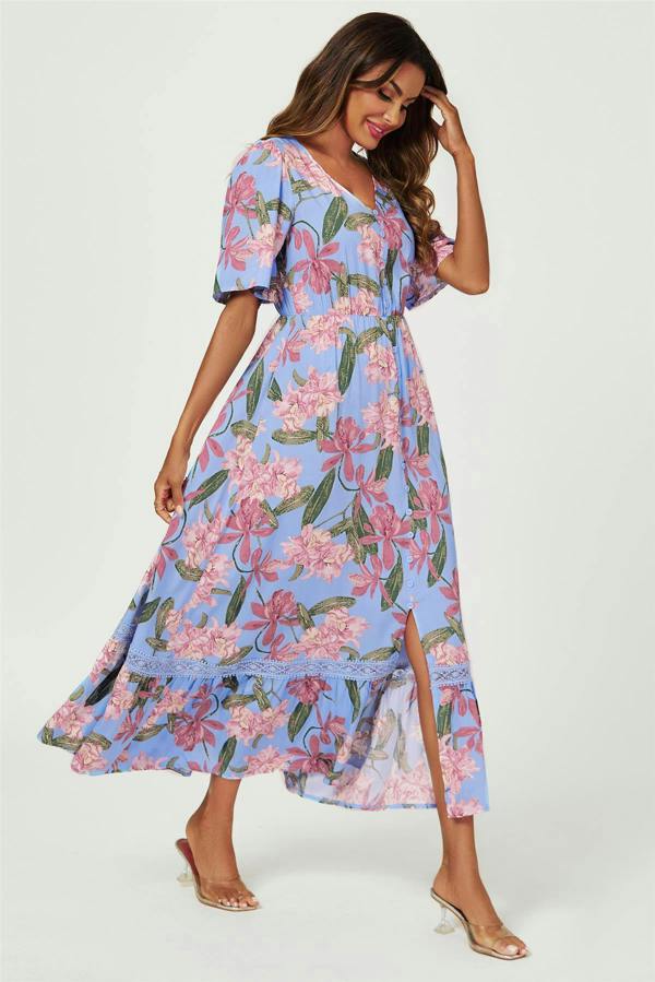 FS Collection Floral Print Lace Detail Maxi Dress In Blue