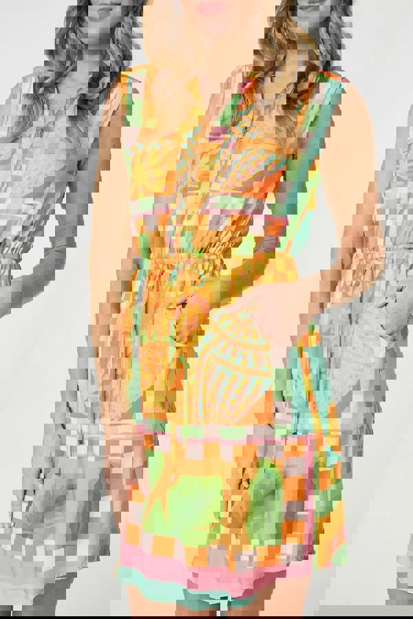 Orange | Patchwork Print Sleeveless Short Dress
