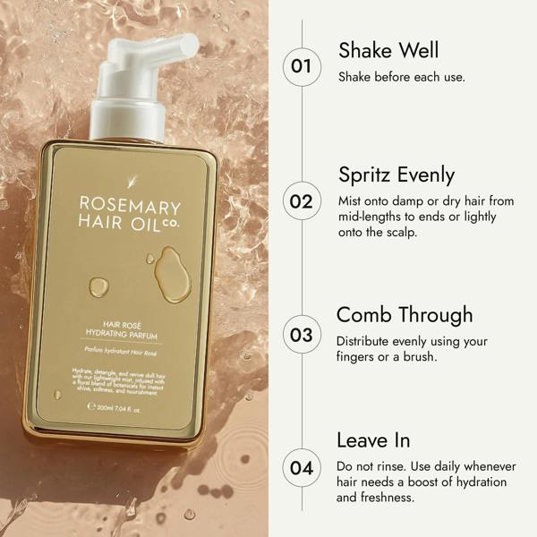 Hair Rosé Hydrating Parfum Mist. Rosemary hair oil, hair rose, hydrating parfum, fragrance, rosewater, jojoba oil, nourishing, natural, protect, healthy hair, growth, hair growth, 200ml, how to use