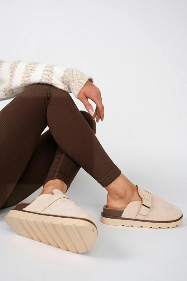 Serelina Chunky Sole Flat Slip-on Buckle Sliders - Camel
