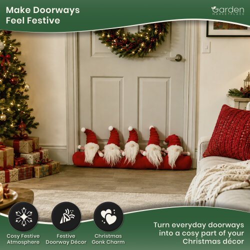 Christmas Draught Excluder with Red Gonk Design, Soft Door Snake with 5 Gonks, Polyester Fabric, 73cm Wide x 28cm High, Fun Seasonal Draught Stopper