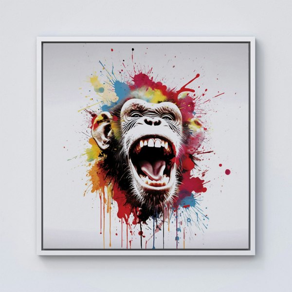 Warren Reed Coloured Splash Art Crazy Monkey Face Framed Canvas