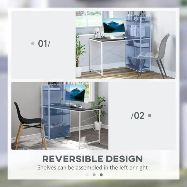 Black-and-white reversible computer desk with 4-tier shelf and storage on left