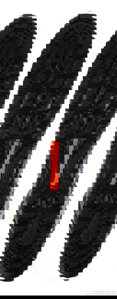 Grisport GriSport Dynamite Mens Tall Hi-Leg S3 Safety Steel Toe/Midsole Work Boots, close-up view of the black rugged outsole with tread pattern and orange accent.