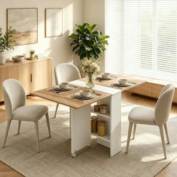 Folding Dining Table, Drop Leaf Table with 2-Tier Shelves, Rolling Casters, White and Natural - Natural wood finish