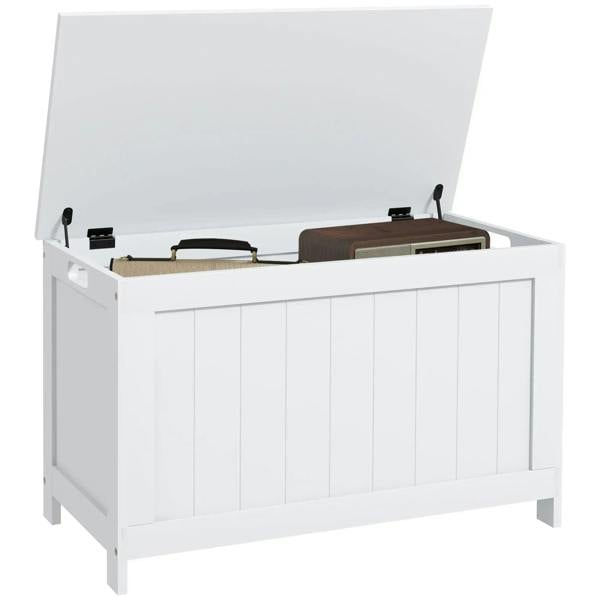 White wooden storage chest with open hinged lid, showing empty interior compartment