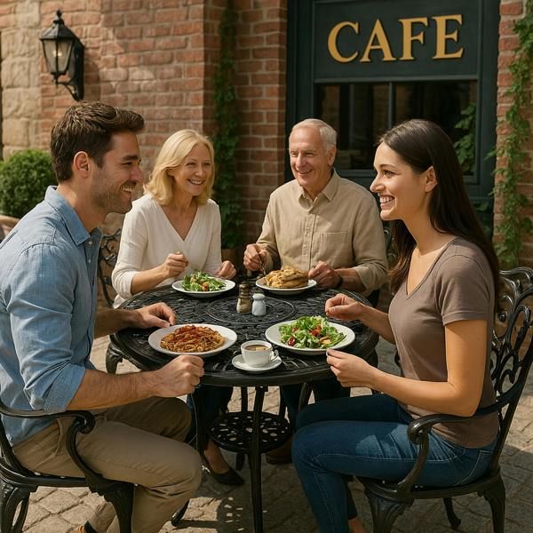 Homeology TABREEZ Opulent Garden and Patio Table and 4 Large Chairs with Armrests Cast Aluminium Bistro Set - Black