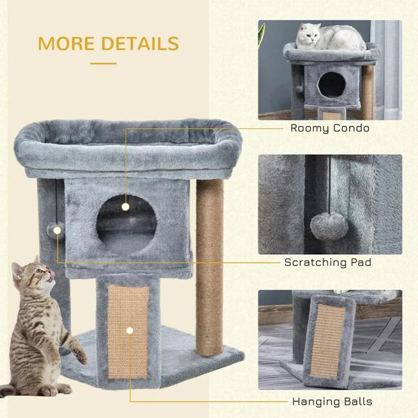 Grey cat tree tower with hanging balls, top perch, cubby doorway, and sisal pad