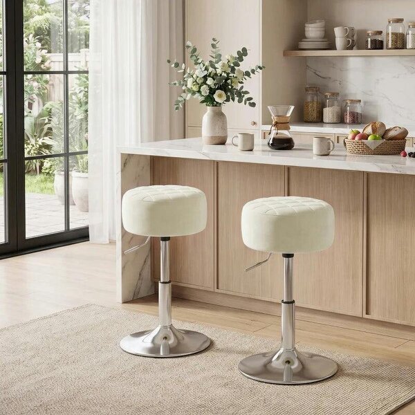 Bar Stool Adjustable Swivel Chair Velvet-Feel Seat 1 Piece, Beige