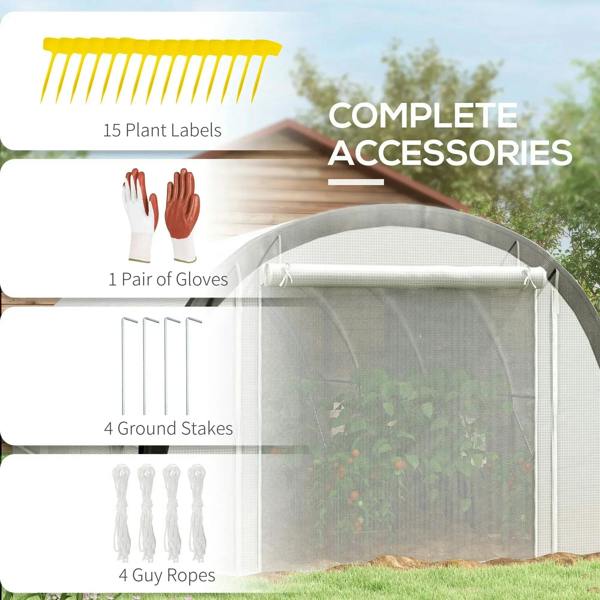 White tunnel greenhouse with front mesh door and included ground stakes and guy ropes