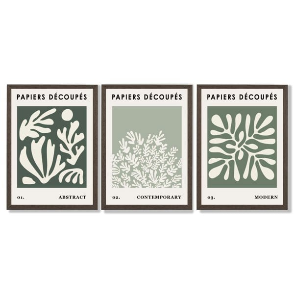 Matisse Floral Set of 3 in Green and Sage Framed Art Prints with Dark Wood Frames