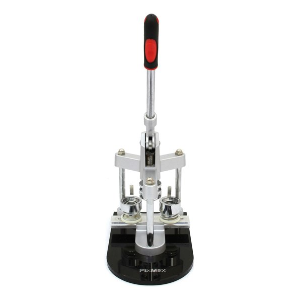 PixMax Badge Making Bundle features a sturdy silver badge press with a comfortable red handle, designed for creating custom badges