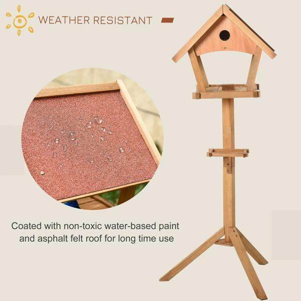 Wooden bird feeding station with non-toxic finish and red asphalt felt roof top