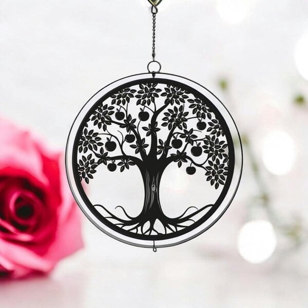 EDH Door Hardware Black Metal Apple Tree Hanging Silhouette Orbit Spinner – 39cm x 23cm | Wind Spinner for Garden, Patio & Home Décor