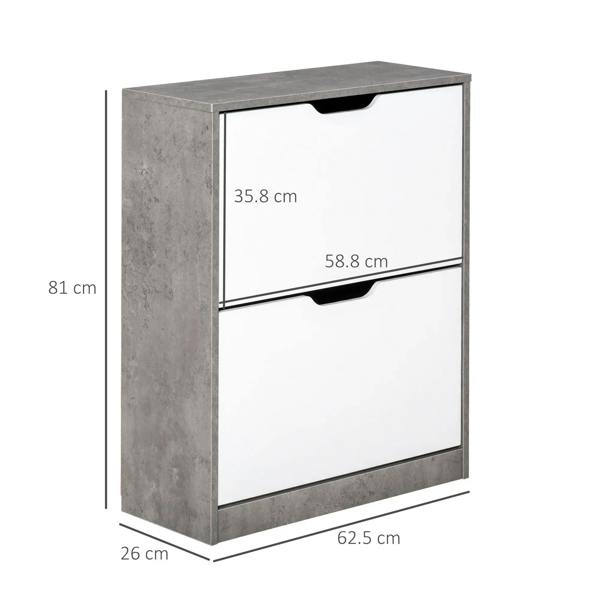 Grey and white two-drawer shoe cabinet with groove pull handles, side profile view