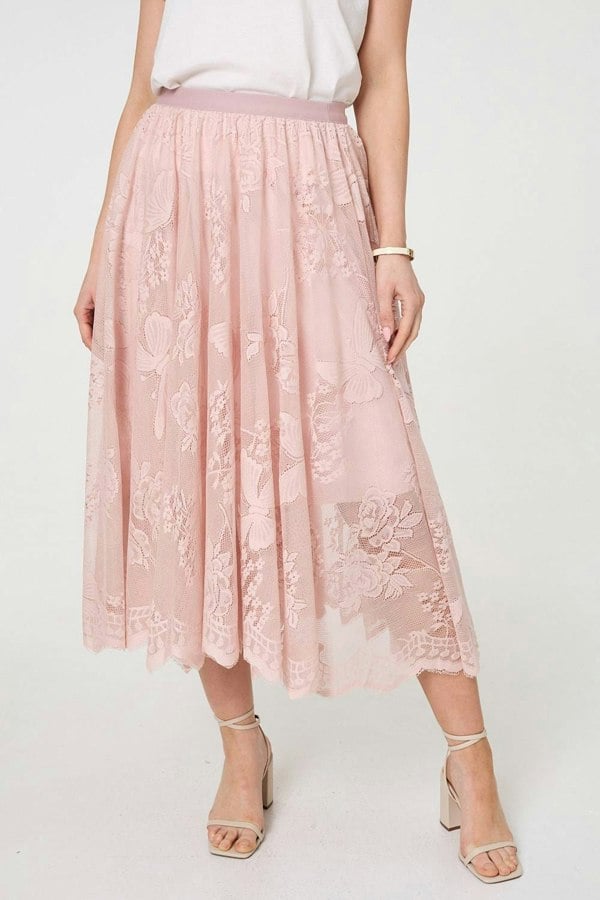 Pink | Floral Semi Sheer Mesh Layer Midi Skirt

