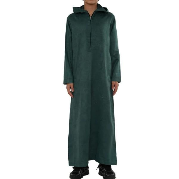 HM12 - Boy's Hooded Suede Emirati Omani Zipped Thobe - Green - Thobez - 22