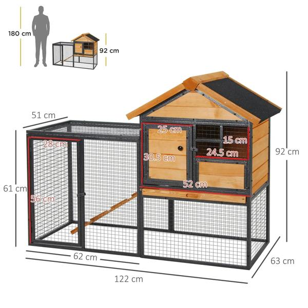 Guinea pig hutch size diagram with raised wooden house and wire enclosure