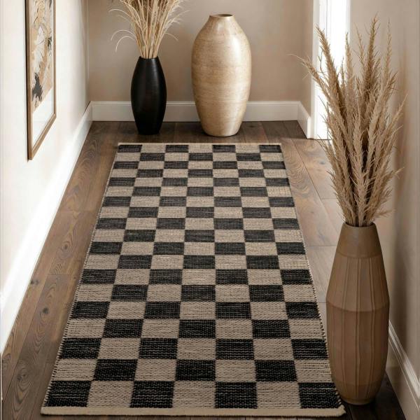 Handloom Jute Rug Natural White Black, Reversible, Long-lasting, checkerboard design.