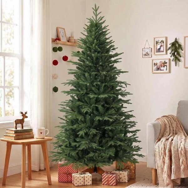 Bobobiy 7ft Artificial Christmas Tree Full Hinged Xmas Tree Solid Pine Wood Stand, Green