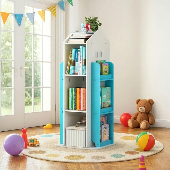Neo Kid's Freestanding Bookshelf Blue House Shaped 360° Rotating