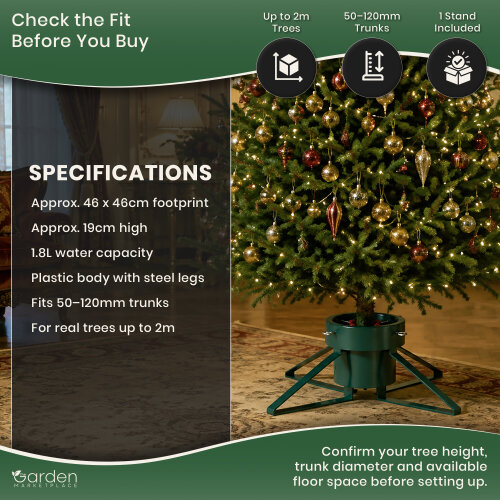 Green Christmas Tree Stand with 1.8L Water Tank, Fits Trees up to 2m, 4 Clamp Screws for 50-120mm Trunks, Steel Legs