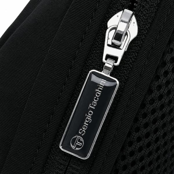 Black Sergio Tacchini Sarchi crossbody bag featuring a branded metal zipper pull, textured fabric, and mesh detailing.