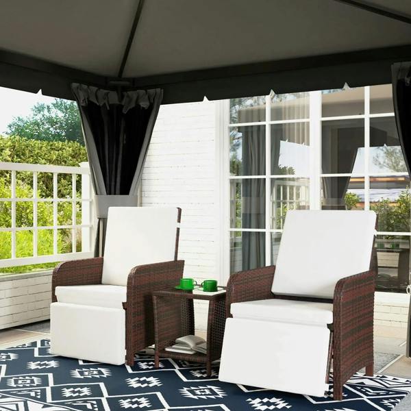 Outdoor rattan bistro set with cream cushions, brown chairs and center glass-top table