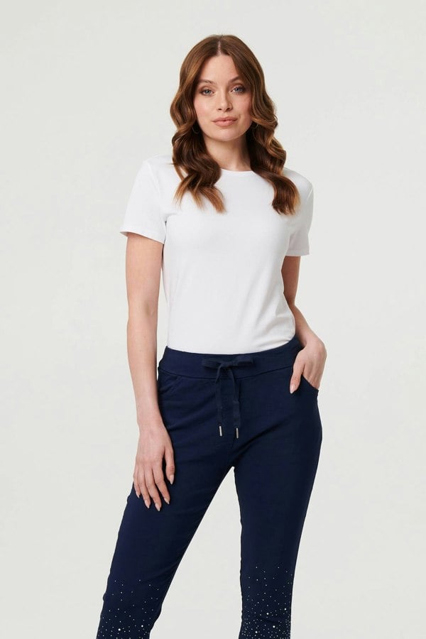 Navy | Diamante Detail Slim Cropped Trousers
